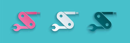 Paper cut Swiss army knife icon isolated on blue background. Multi-tool, multipurpose penknife. Multifunctional tool. Paper art style. Vectorのイラスト素材