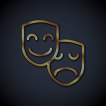 Gold line Comedy and tragedy theatrical masks icon isolated on black background. Vector