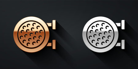 Gold and silver Golf sport club icon isolated on black background. Long shadow style. Vectorのイラスト素材