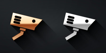 Gold and silver Security camera icon isolated on black background. Long shadow style. Vector