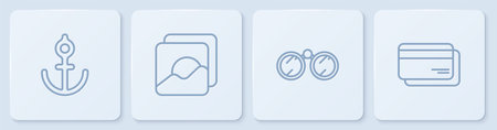 Set line Anchor, Binoculars, Photo and Credit card. White square button. Vectorのイラスト素材