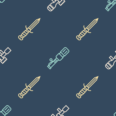 Set line Sniper optical sight, Military knife and Anti-tank hand grenade on seamless pattern. Vectorのイラスト素材