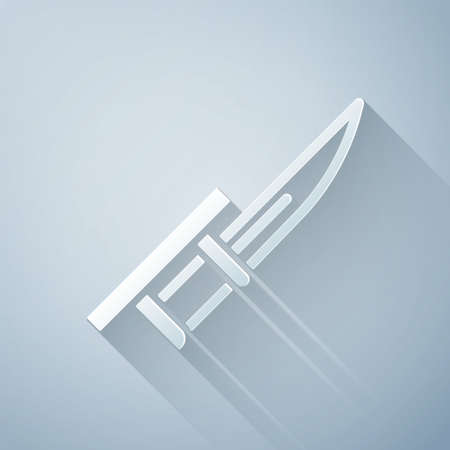 Paper cut Bayonet on rifle icon isolated on grey background. Paper art style. Vectorのイラスト素材