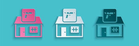 Paper cut Hunting shop with rifle and gun weapon icon isolated on blue background. Supermarket or store with weapon equipment. Paper art style. Vectorのイラスト素材