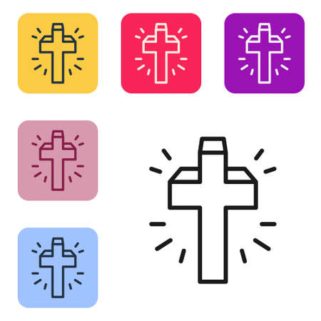 Black line Christian cross icon isolated on white background. Church cross. Set icons in color square buttons. Vectorのイラスト素材
