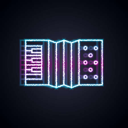 Glowing neon line Musical instrument accordion icon isolated on black background. Classical bayan, harmonic. Vectorのイラスト素材