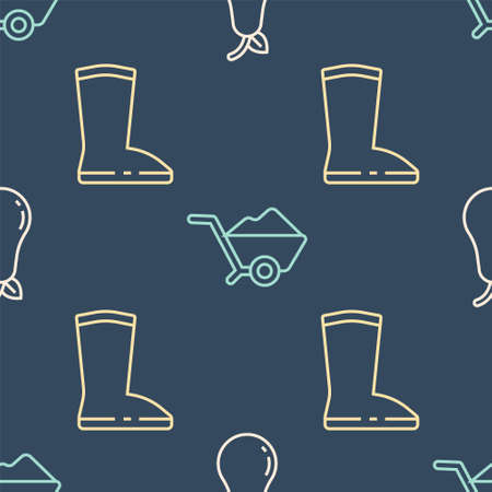 Set line Pear, Waterproof rubber boot and Wheelbarrow with dirt on seamless pattern. Vectorのイラスト素材