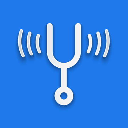 Paper cut Musical tuning fork for tuning musical instruments icon isolated on blue background. Paper art style. Vectorのイラスト素材