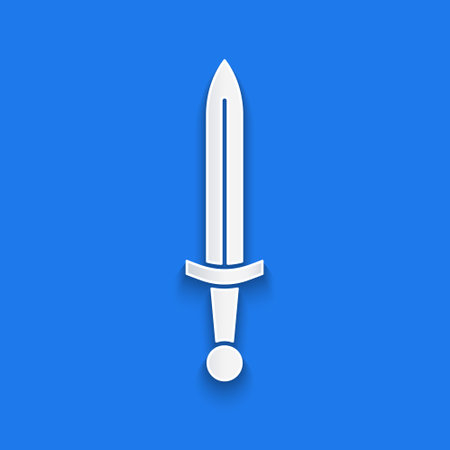 Paper cut Medieval sword icon isolated on blue background. Medieval weapon. Paper art style. Vectorのイラスト素材