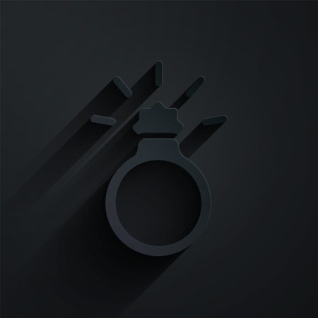 Paper cut Diamond engagement ring icon isolated on black background. Paper art style. Vectorのイラスト素材