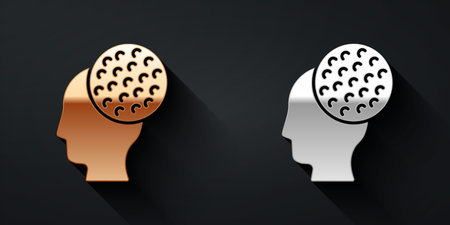 Gold and silver Golf ball icon isolated on black background. Long shadow style. Vector