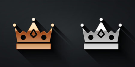 Gold and silver King crown icon isolated on black background. Long shadow style. Vectorのイラスト素材