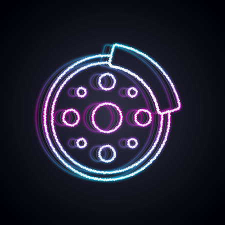 Glowing neon line Bicycle brake disc icon isolated on black background. Vectorのイラスト素材