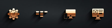 Set Website statistic, Site map, Monitor and mobile and UI UX design icon with long shadow. Vector