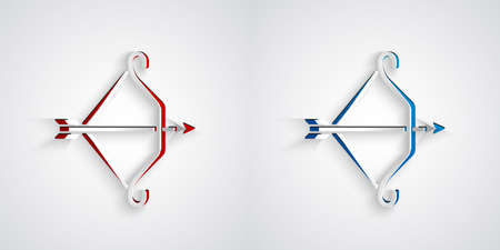 Paper cut Medieval bow with arrow icon isolated on grey background. Medieval weapon. Paper art style. Vectorのイラスト素材