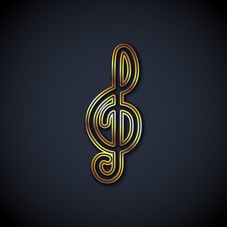 Gold line Treble clef icon isolated on black background. Vector