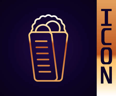 Gold line Gyros Pita Greek fast food traditional cuisine icon isolated on black background. Gyro with greek salad in tzatziki sauce wrapped sandwich. Vectorのイラスト素材