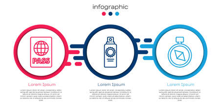 Set line Passport, Sunscreen spray bottle and Compass. Business infographic template. Vectorのイラスト素材