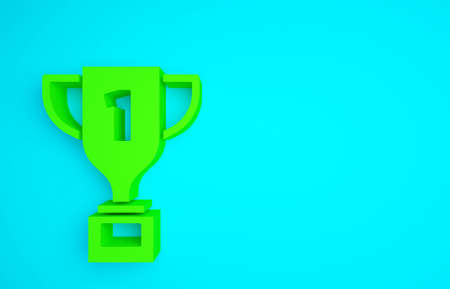 Green Award cup icon isolated on blue background. Winner trophy symbol. Championship or competition trophy. Sports achievement sign. Minimalism concept. 3d illustration 3D renderの写真素材