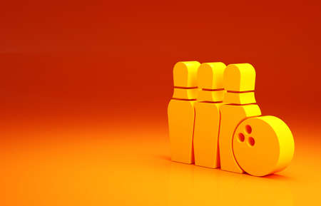 Yellow Bowling pin and ball icon isolated on orange background. Sport equipment. Minimalism concept. 3d illustration 3D renderの写真素材