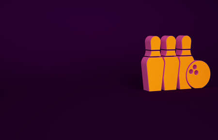 Orange Bowling pin and ball icon isolated on purple background. Sport equipment. Minimalism concept. 3d illustration 3D renderの写真素材