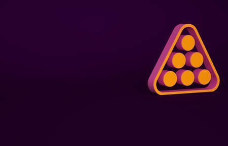 Orange Billiard balls in a rack triangle icon isolated on purple background. Minimalism concept. 3d illustration 3D renderの写真素材