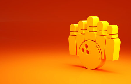 Yellow Bowling pin and ball icon isolated on orange background. Sport equipment. Minimalism concept. 3d illustration 3D renderの写真素材