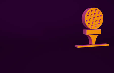 Orange Golf ball on tee icon isolated on purple background. Minimalism concept. 3d illustration 3D renderの写真素材