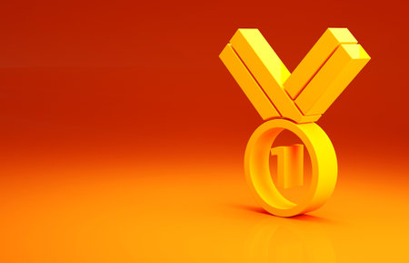 Yellow Medal icon isolated on orange background. Winner achievement sign. Award medal. Minimalism concept. 3d illustration 3D renderの写真素材