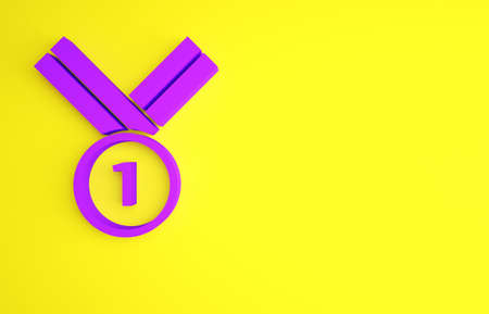 Purple Medal icon isolated on yellow background. Winner achievement sign. Award medal. Minimalism concept. 3d illustration 3D renderの写真素材