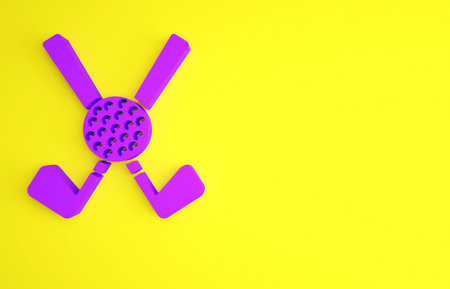 Purple Crossed golf club with ball icon isolated on yellow background. Minimalism concept. 3d illustration 3D renderの写真素材
