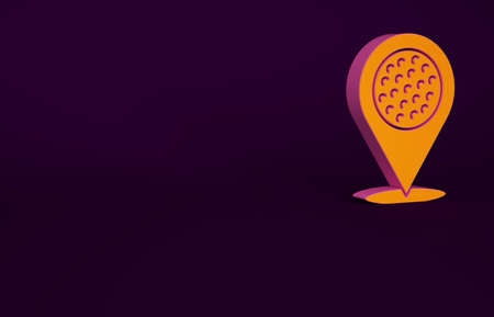 Orange Map pointer with golf sport club icon isolated on purple background. Minimalism concept. 3d illustration 3D renderの写真素材