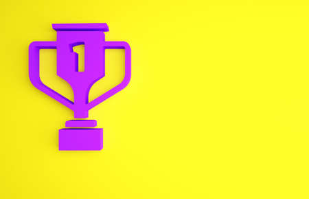 Purple Award cup icon isolated on yellow background. Winner trophy symbol. Championship or competition trophy. Sports achievement sign. Minimalism concept. 3d illustration 3D renderの写真素材