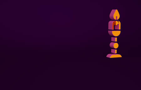 Orange Burning candle in candlestick icon isolated on purple background. Old fashioned lit candle. Cylindrical candle stick with burning flame. Minimalism concept. 3d illustration 3D renderの写真素材