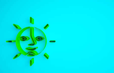 Green Sun icon isolated on blue background. Minimalism concept. 3d illustration 3D renderの写真素材