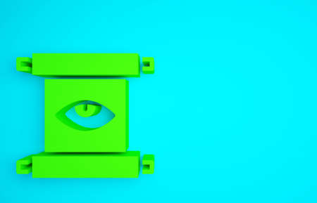 Green Ancient magic scroll with alchemy recipes and mystic spells and enchantments icon isolated on blue background. Minimalism concept. 3d illustration 3D renderの写真素材