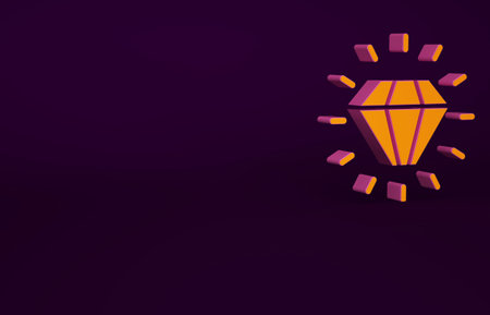 Orange Diamond icon isolated on purple background. Jewelry symbol. Gem stone. Minimalism concept. 3d...