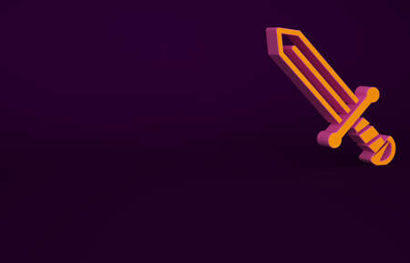 Orange Medieval sword icon isolated on purple background. Medieval weapon. Minimalism concept. 3d illustration 3D renderの写真素材