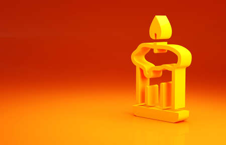 Yellow Burning candle in candlestick icon isolated on orange background. Old fashioned lit candle. Cylindrical candle stick with burning flame. Minimalism concept. 3d illustration 3D renderの写真素材