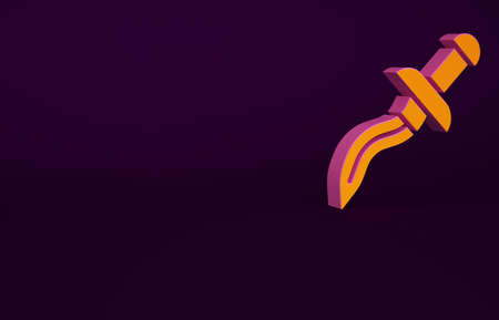Orange Dagger icon isolated on purple background. Knife icon. Sword with sharp blade. Minimalism concept. 3d illustration 3D renderの写真素材