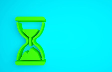 Green Old hourglass with flowing sand icon isolated on blue background. Sand clock sign. Business...