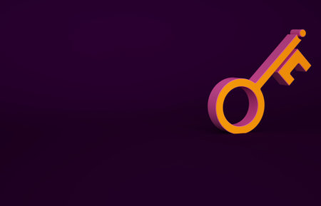 Orange Old key icon isolated on purple background. Minimalism concept. 3d illustration 3D render