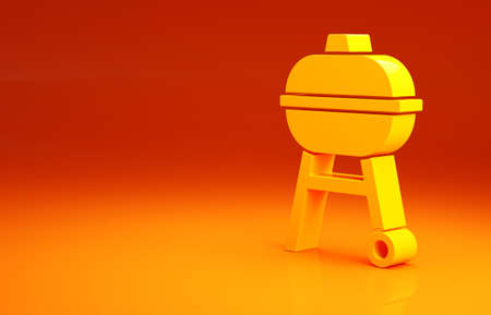 Yellow Barbecue grill icon isolated on orange background. BBQ grill party. Minimalism concept. 3d illustration 3D renderの写真素材