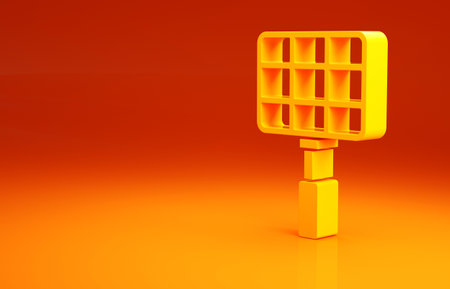 Yellow Barbecue steel grid icon isolated on orange background. Top view of BBQ grill. Wire rack for BBQ. Grilling basket. Minimalism concept. 3d illustration 3D renderの写真素材