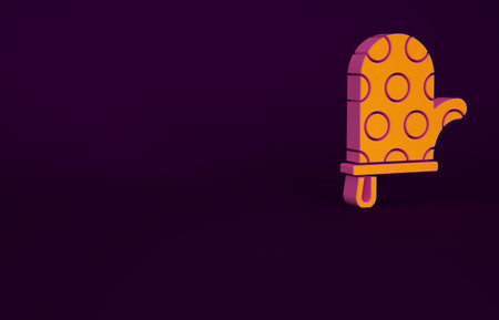 Orange Oven glove icon isolated on purple background. Kitchen potholder sign. Cooking glove. Minimalism concept. 3d illustration 3D renderの写真素材