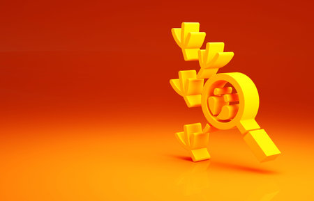 Yellow Bird footprint under magnifying glass icon isolated on orange background. Animal foot....