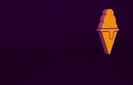 Orange Ice cream in waffle cone icon isolated on purple background. Sweet symbol. Minimalism concept. 3d illustration 3D renderの写真素材