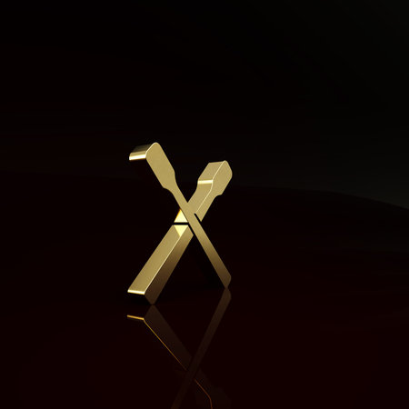Gold Drum sticks icon isolated on brown background. Musical instrument. Minimalism concept. 3d illustration 3D renderの写真素材