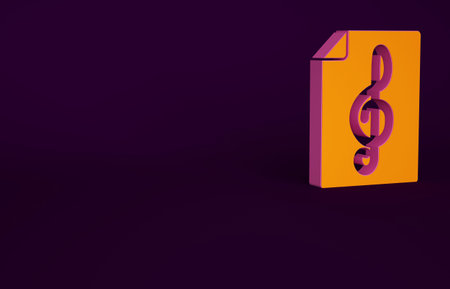 Orange Treble clef icon isolated on purple background. Minimalism concept. 3d illustration 3D render