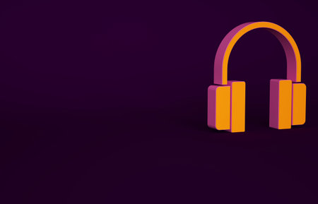 Orange Headphones icon isolated on purple background. Earphones. Concept for listening to music,...